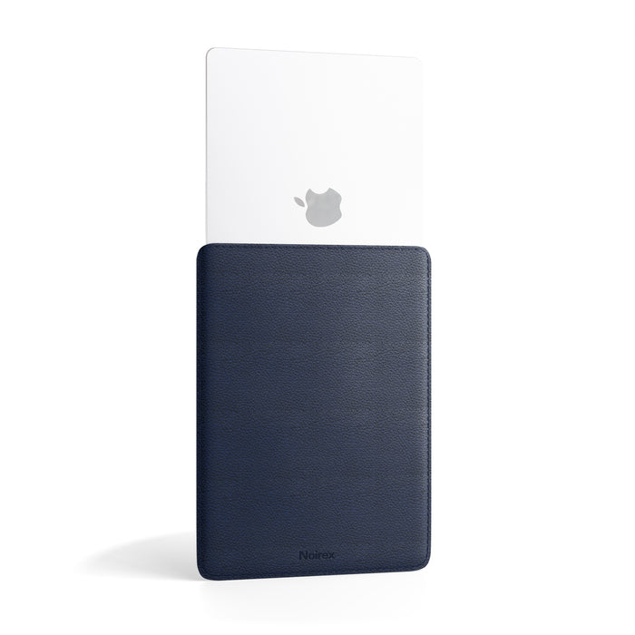 navy blue leather MacBook sleeve with MacBook