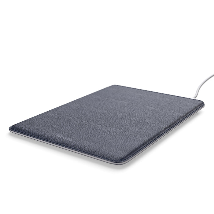 navy blue leather MacBook sleeve flat detail