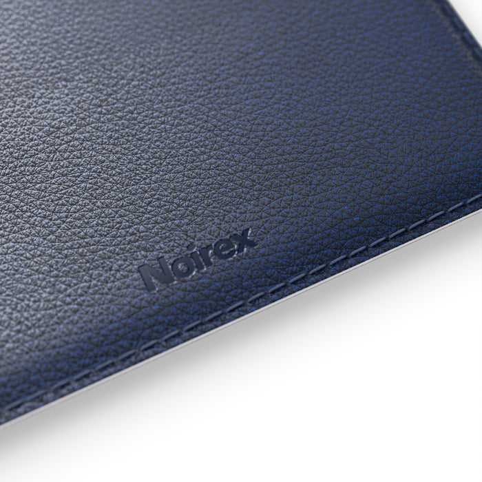 navy blue leather MacBook sleeve logo detail