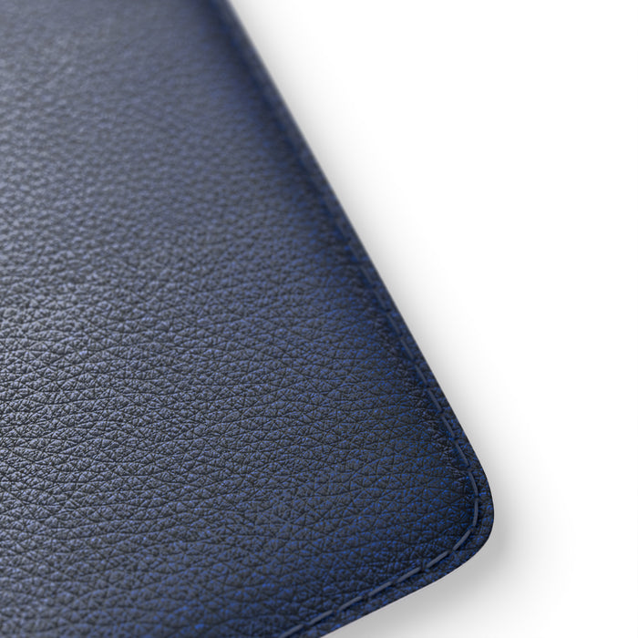 navy blue leather sleeve stitching detail